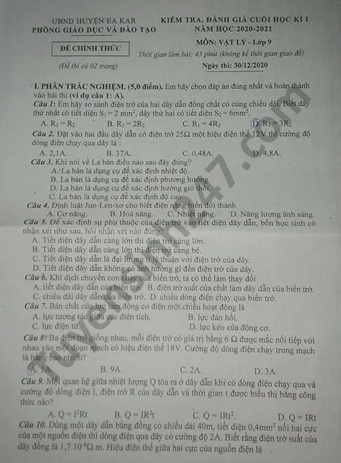 Đề thi học kì 1 huyện Ea Kar năm 2020 môn Lý lớp 9