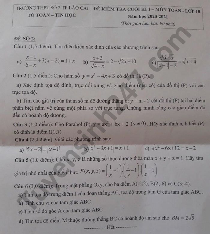 Đề thi học kì 1 THPT số 2 Lào Cai môn Toán lớp 10 năm 2020