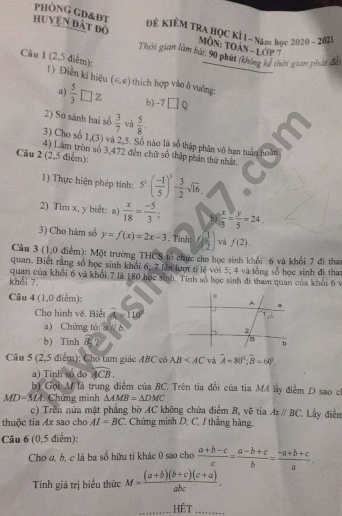 Đề thi học kì 1 năm 2020 huyện Đất Đỏ môn Toán lớp 7 