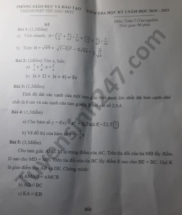 Đề thi học kì 1 Toán lớp 7 Phòng GD TP Thủ Dầu Một năm 2020