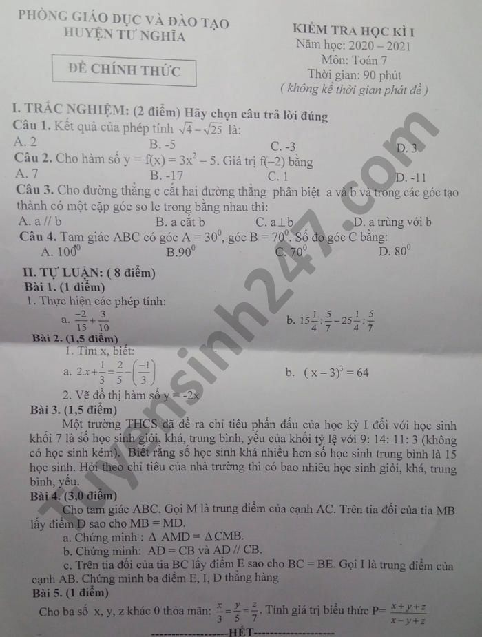 Đề thi học kì 1 môn Toán lớp 7  huyện Tư Nghĩa năm 2020