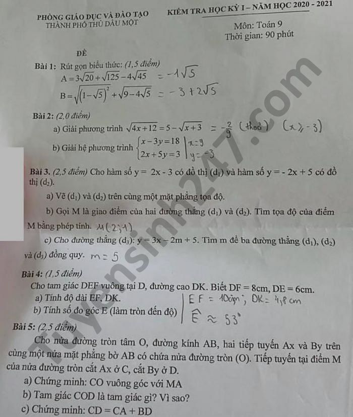 Đề thi học kì 1 Phòng GD TP Thủ Dầu Một năm 2020 Toán lớp 9