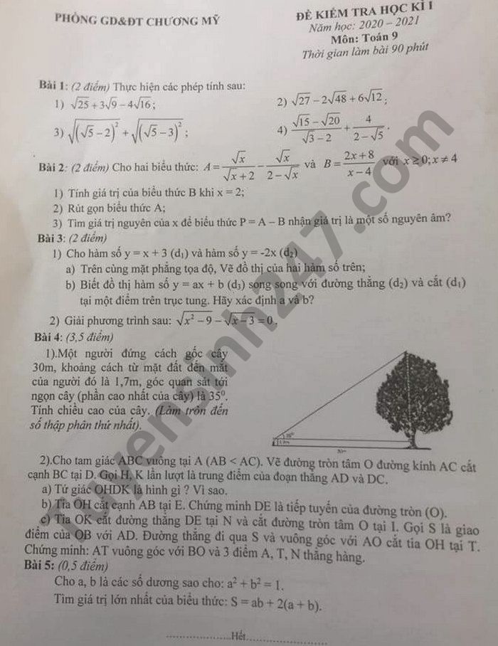 Đề thi học kì 1 môn Toán lớp 9 năm 2020 huyện Chương Mỹ 