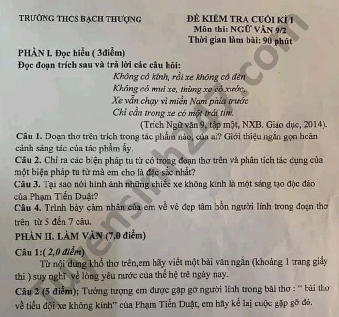 Đề thi học kì 1 THCS Bạch Thượng môn Văn lớp 9 năm 2020