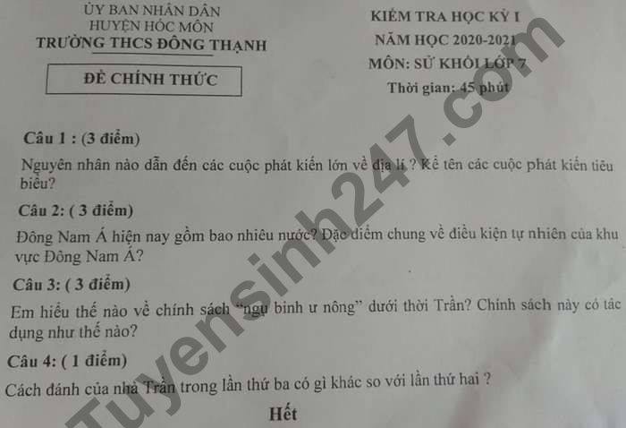 Đề Thi Học Kì 1 Môn Sử Lớp 7 Năm 2020 Thcs Đông Thạnh