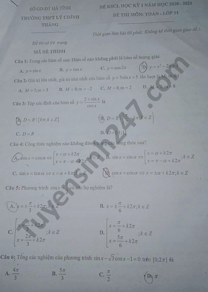 Đề thi học kì 1 THPT Lý Chính Thắng môn Toán lớp 11 năm 2020