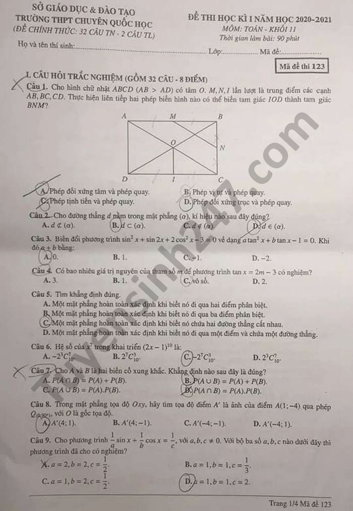 Đề thi học kì 1 năm 2020 THPT chuyên Quốc Học Toán lớp 11 