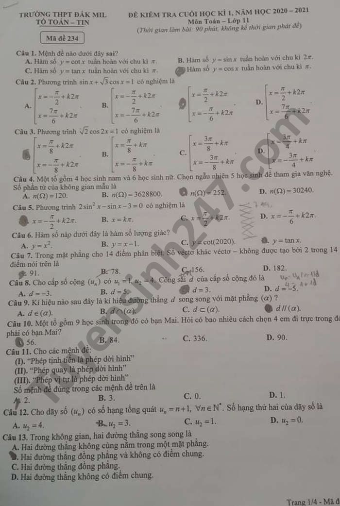 Đề thi học kì 1 năm 2020 lớp 11 môn Toán THPT Đăk Mil 