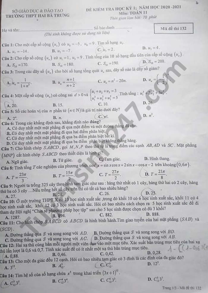 Đề thi học kì 1 năm 2020 môn Toán lớp 11 THPT Hai Bà Trưng 