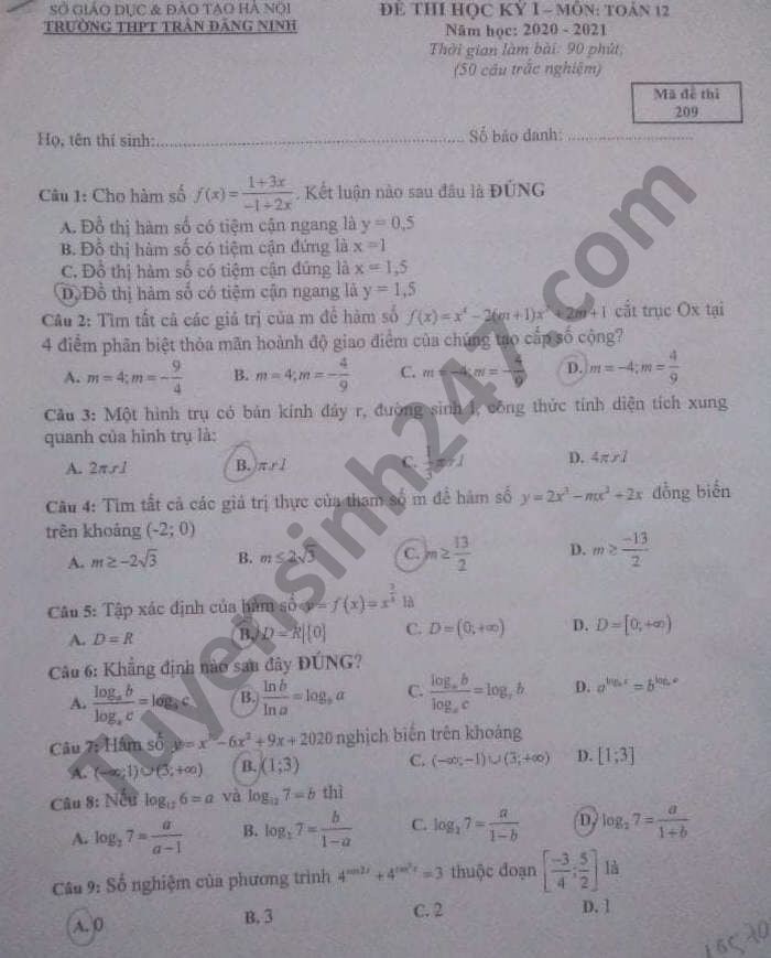Đề thi học kì 1 năm 2020  Toán lớp 12 THPT Trần Đăng Ninh