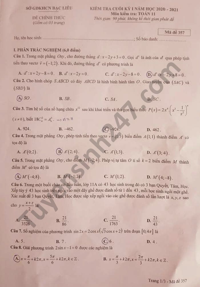 Đề thi học kì 1 năm 2020 tỉnh Bạc Liêu môn Toán lớp 11