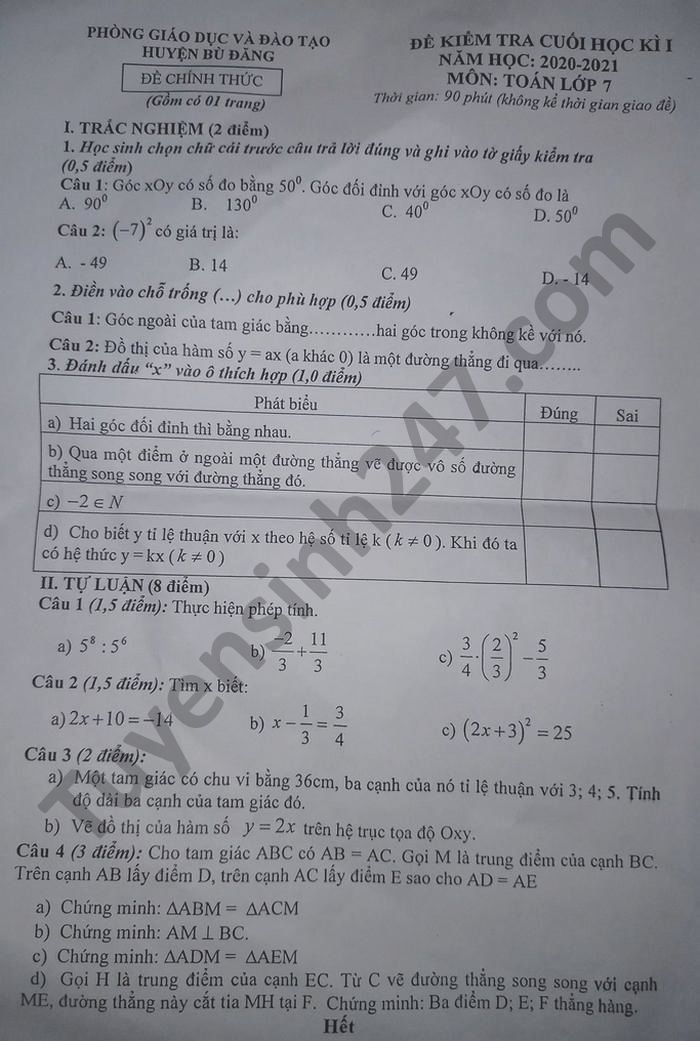 Đề thi học kì 1 huyện Bù Đăng năm 2020 môn Toán lớp 7