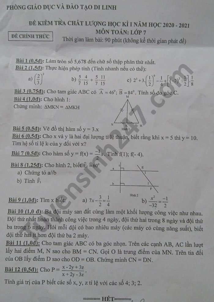 Đề thi học kì 1 Phòng GD Di Linh năm 2020 môn Toán lớp 7