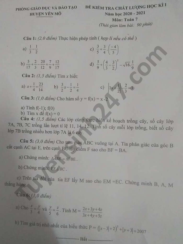 Đề thi học kì 1 năm 2020 môn Toán lớp 7 huyện Yên Mô