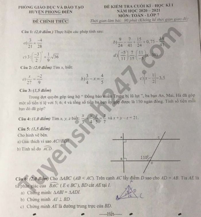 Đề thi học kì 1 năm 2020 môn Toán lớp 7 huyện Phong Điền