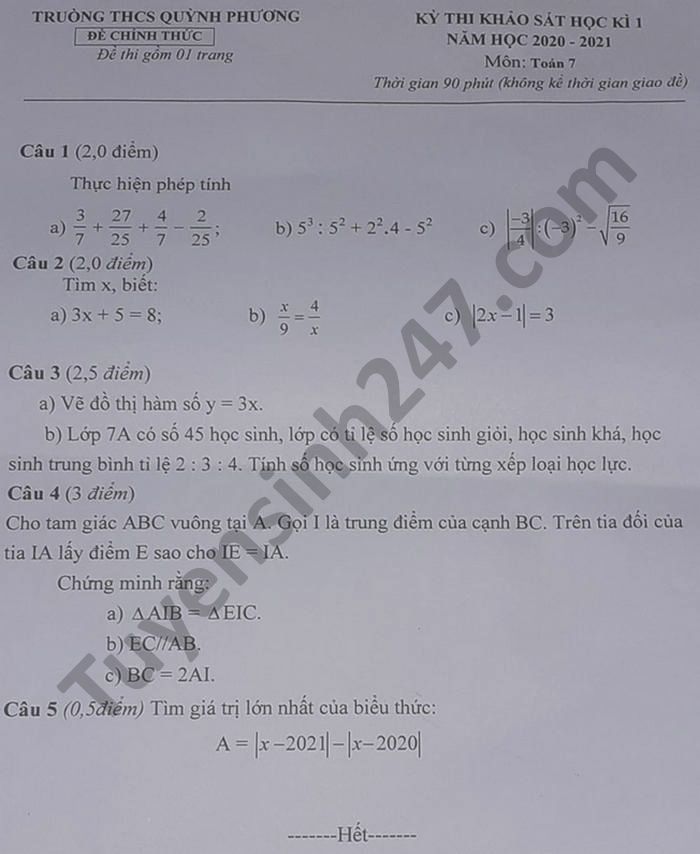 Đề thi học kì 1 môn Toán lớp 7 THCS Quỳnh Phương năm 2020