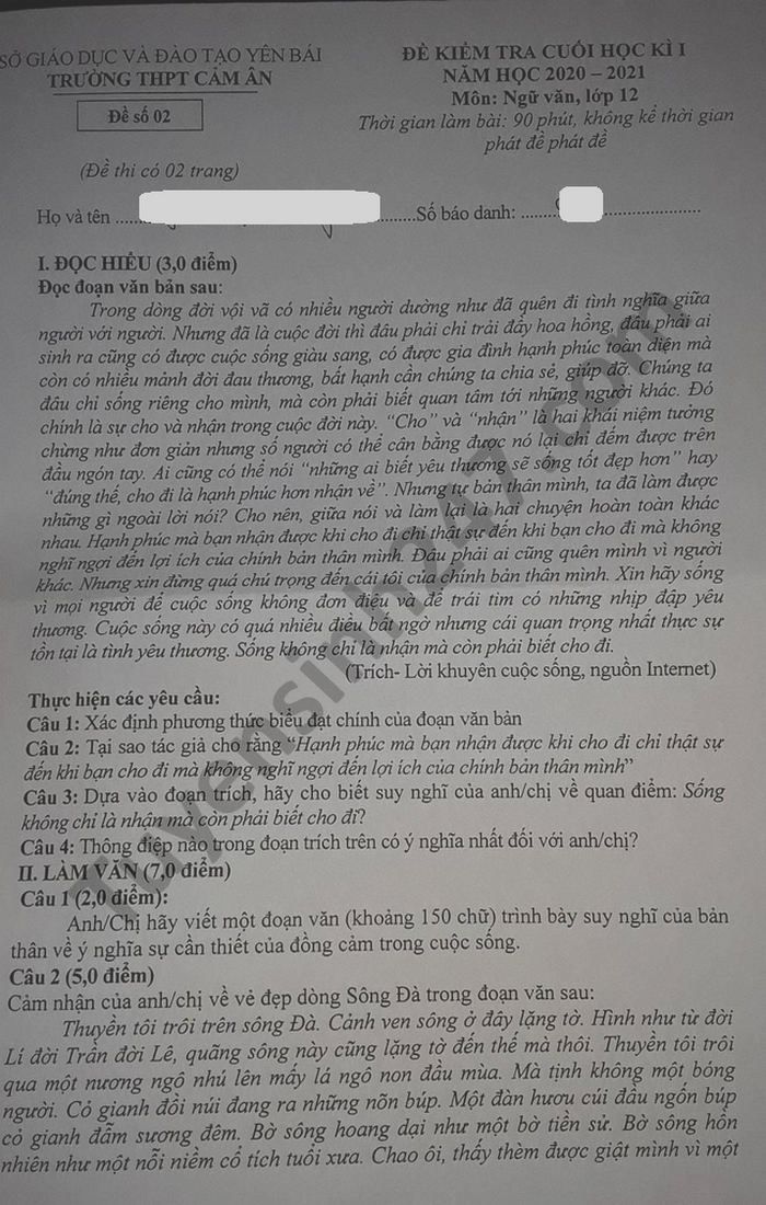 Đề thi học kì 1 môn Văn lớp 12  THPT Cảm Ân năm 2020