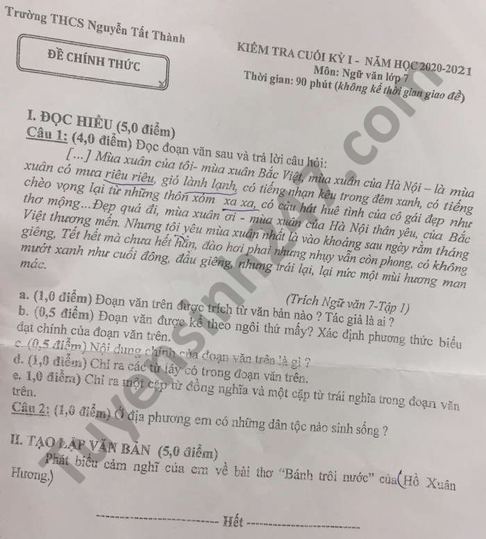 Đề thi học kì 1 môn Văn lớp 7 THCS Nguyễn Tất Thành năm 2020