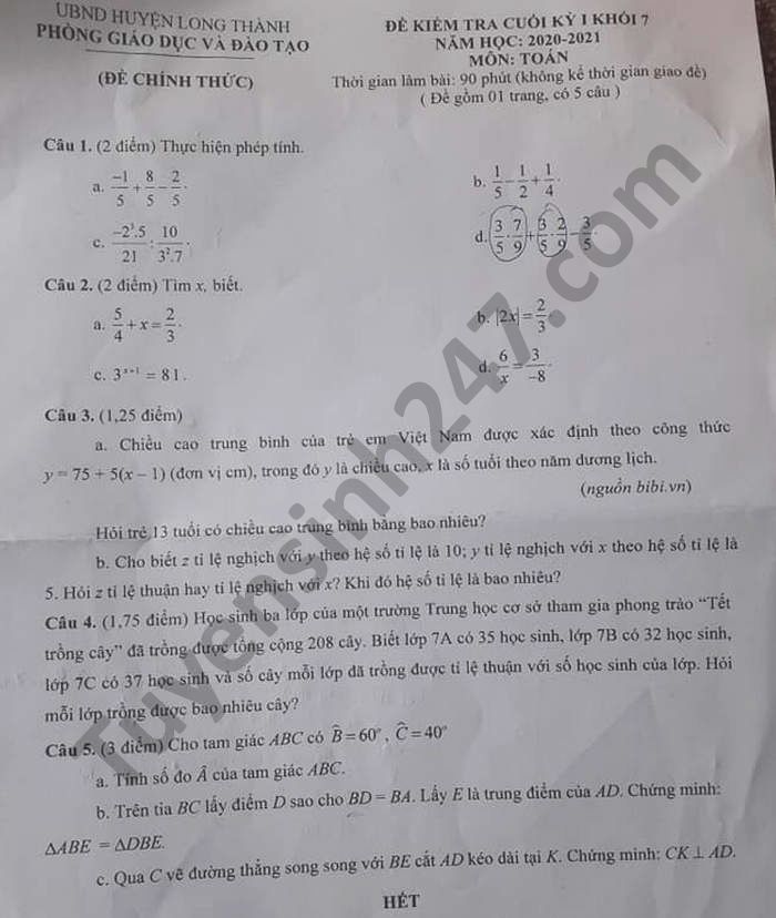 Đề thi học kì 1 Phòng GD Long Thành 2020 môn Toán lớp 7