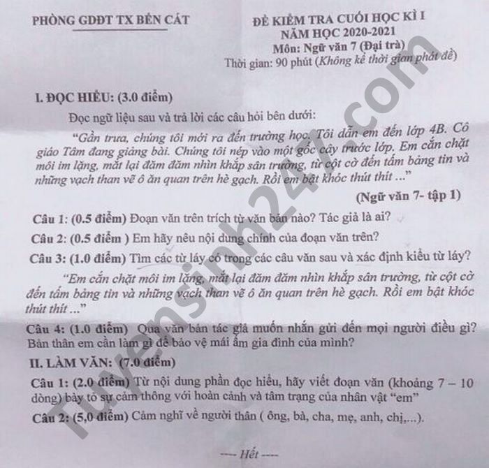 Đề thi học kì 1 môn Văn lớp 7 năm 2020 Phòng GD TX Bến Cát 