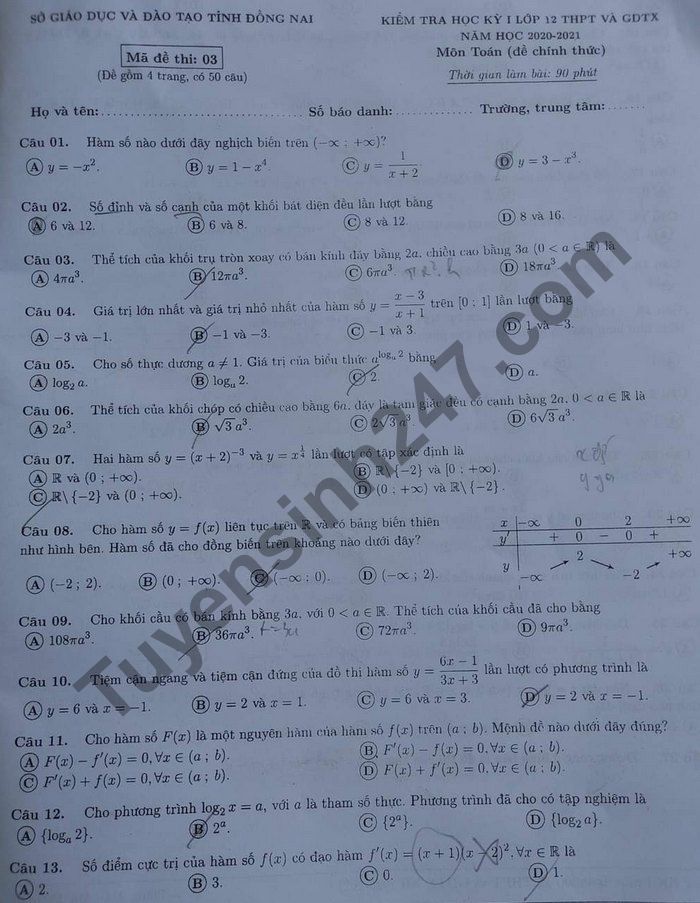 Đề thi học kì 1 năm 2020 Sở GD Đồng Nai lớp 12 môn Toán 