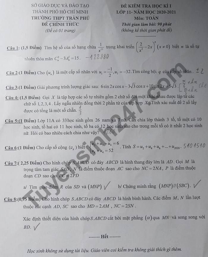 Đề thi học kì 1 THPT Trần Phú 2020 - 2021 lớp 11 môn Toán