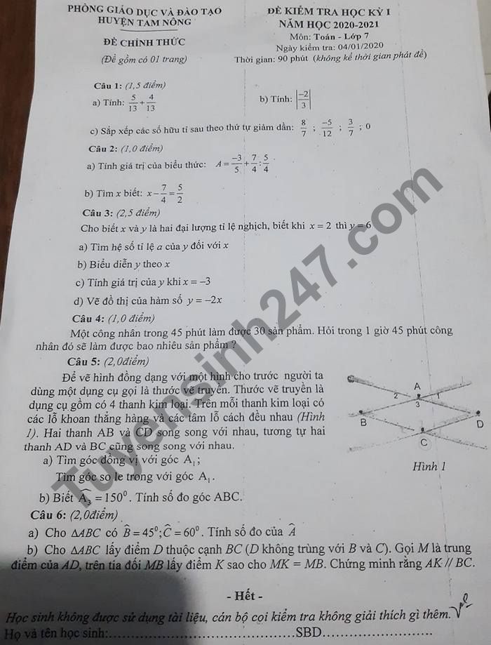 Đề thi học kì 1 Phòng GD huyện Tam Nông môn Toán lớp 7 năm 2020