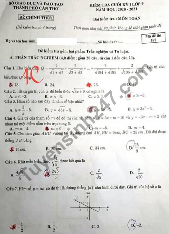 Đề thi học kì 1 năm 2020 Sở GD TP Cần Thơ lớp 9 môn Toán