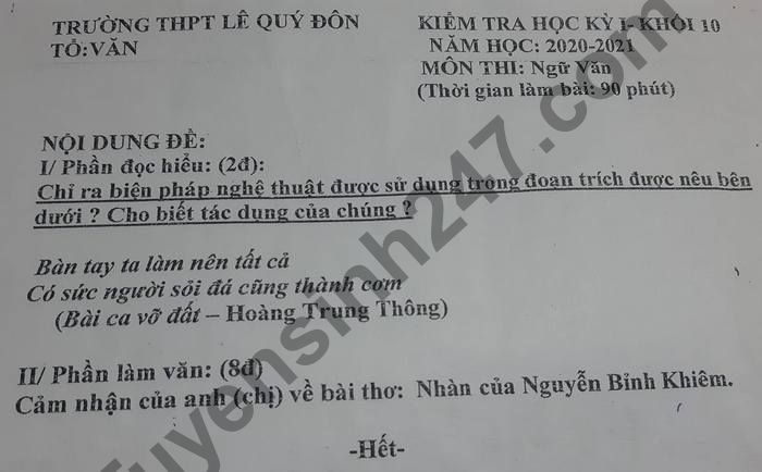 Đề thi học kì 1 THPT Lê Quý Đôn năm 2020 lớp 10 môn Văn