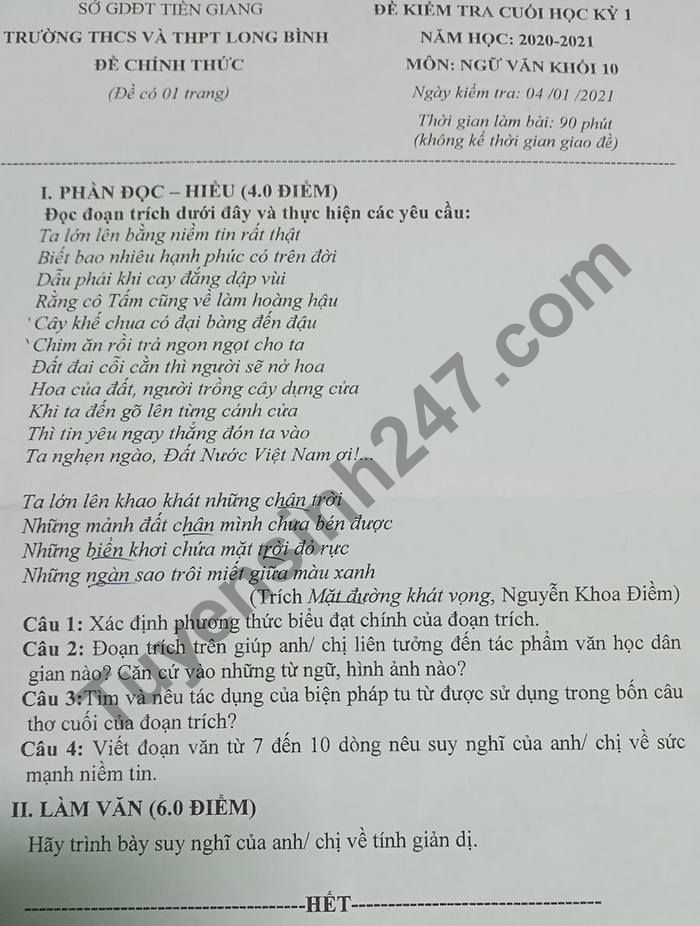 Đề thi học kì 1 lớp 10 môn Văn THCS&THPT Long Bình năm 2020