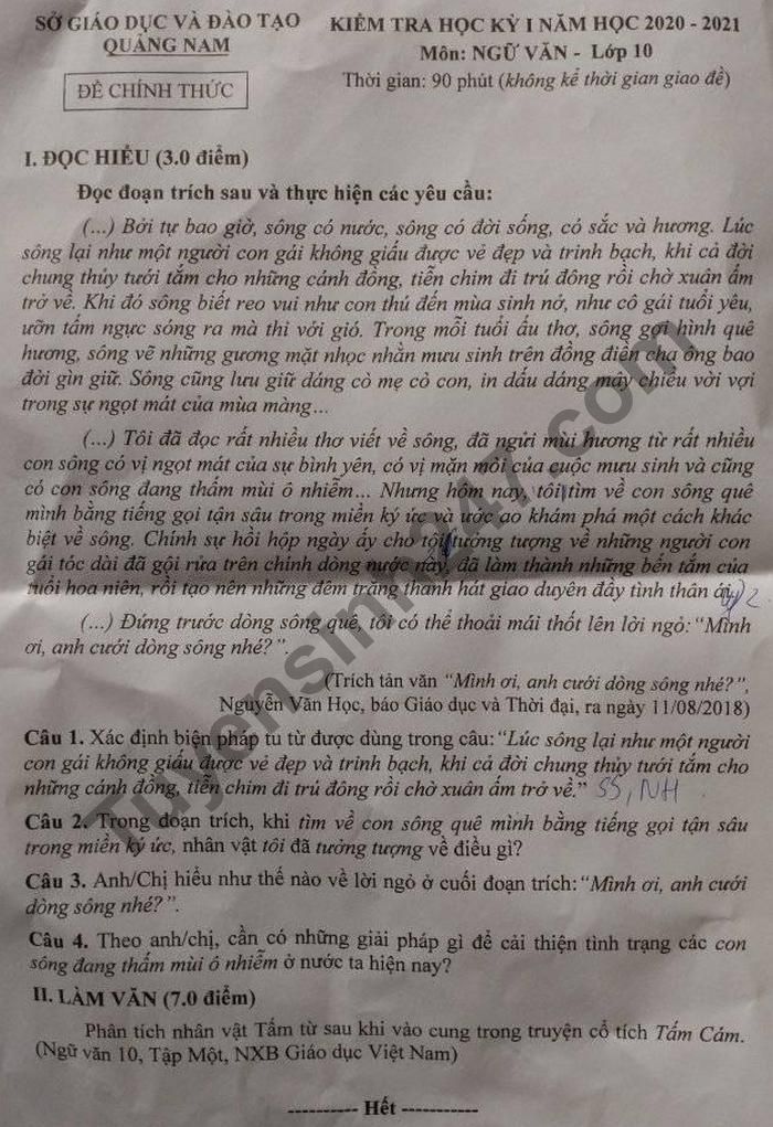 Đề thi học kì 1 lớp 10 môn Văn Sở GD Quảng Nam 2020 - 2021