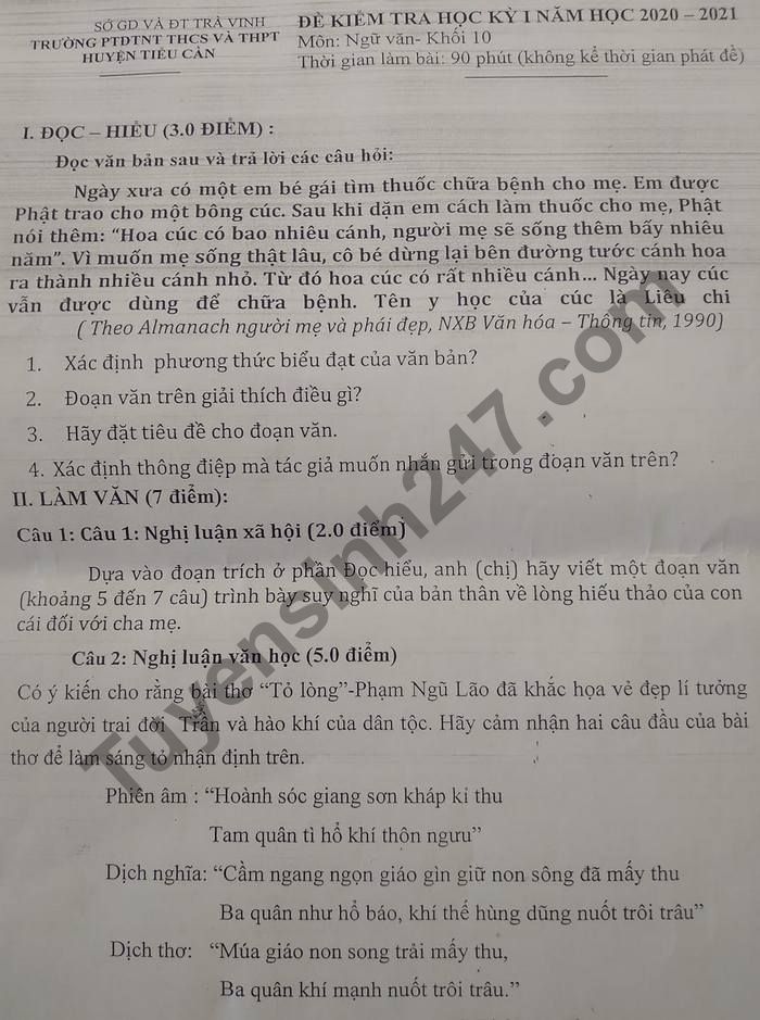 Đề thi học kì 1 PTDTNT THCS&THPT huyện Tiểu Cần 2020 môn Văn 10