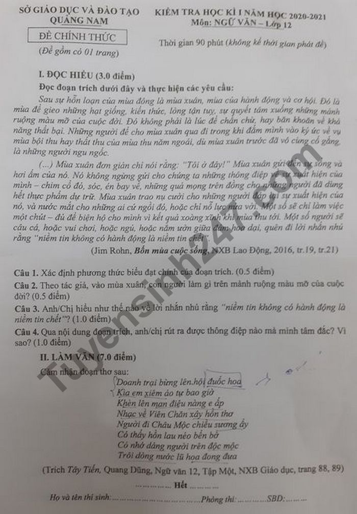 Đề thi học kì 1 Sở GD Quảng Nam 2020 - 2021 môn Văn lớp 12