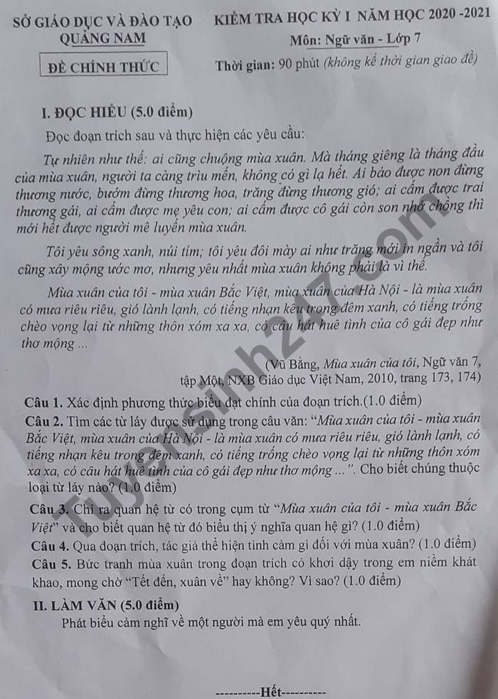Đề thi học kì 1 Sở GD Quảng Nam lớp 7 môn Văn 2020 - 2021