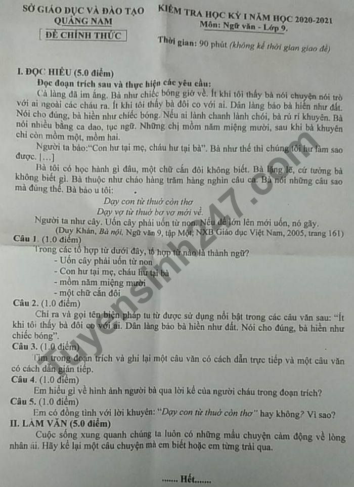 Đề thi học kì 1 Sở GD Quảng Nam 2020 - 2021 lớp 9 môn Văn