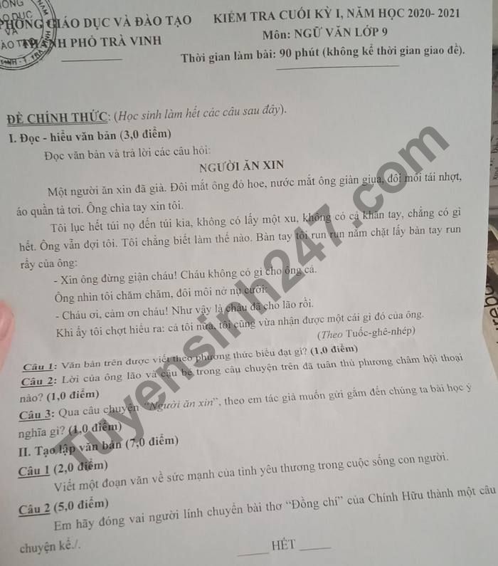 Đề thi học kì 1 Phòng GD TP Trà Vinh lớp 9 môn Văn năm 2020