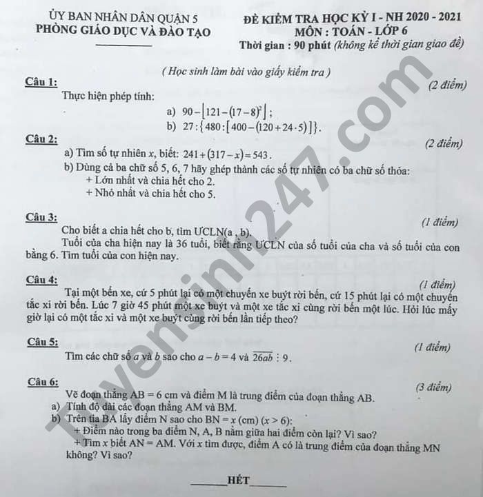 Đề thi học kì 1 môn Toán lớp 6 Quận 5 năm 2020