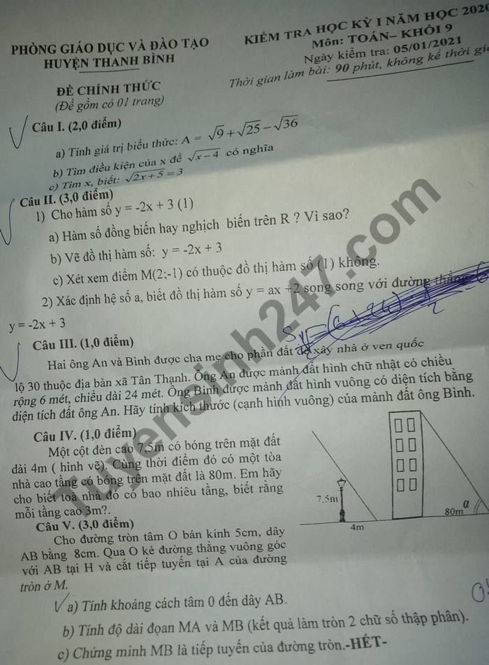 Đề thi học kì 1 năm 2020 môn Toán lớp 9 huyện Thanh Bình