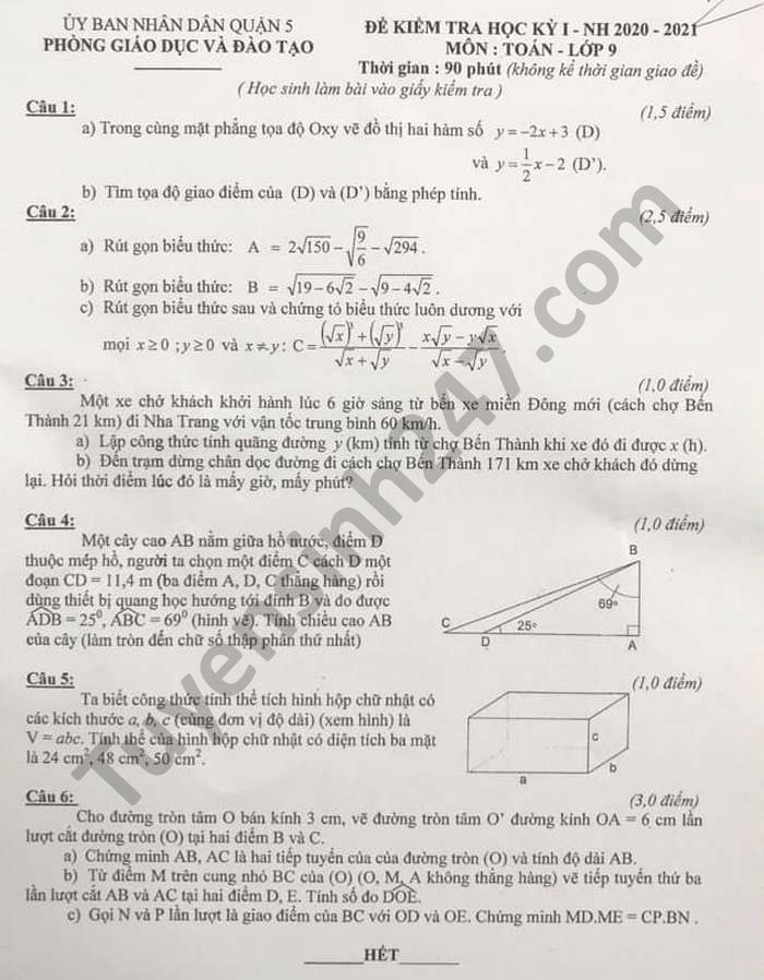 Đề thi học kì 1 Quận 5 năm 2020 môn Toán lớp 9