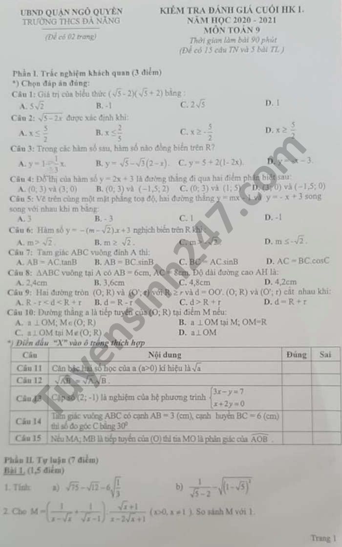 Đề thi học kì 1 môn Toán lớp 9 THCS Đà Nẵng năm 2020