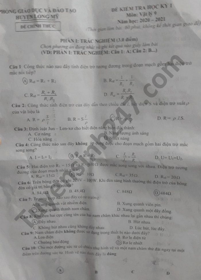 Đề thi học kì 1 năm 2020 môn Lý lớp 9 huyện Long Mỹ