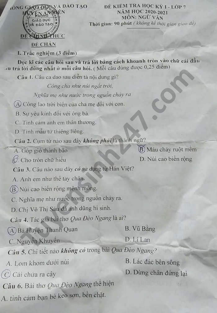 Đề thi học kì 1 Phòng GD huyện An Biên năm 2020 môn Văn lớp 7 