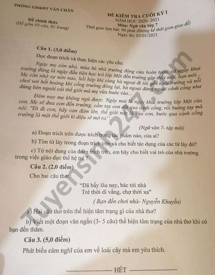 Đề thi học kì 1 Phòng GD Văn Chấn năm 2020 môn Văn lớp 7 