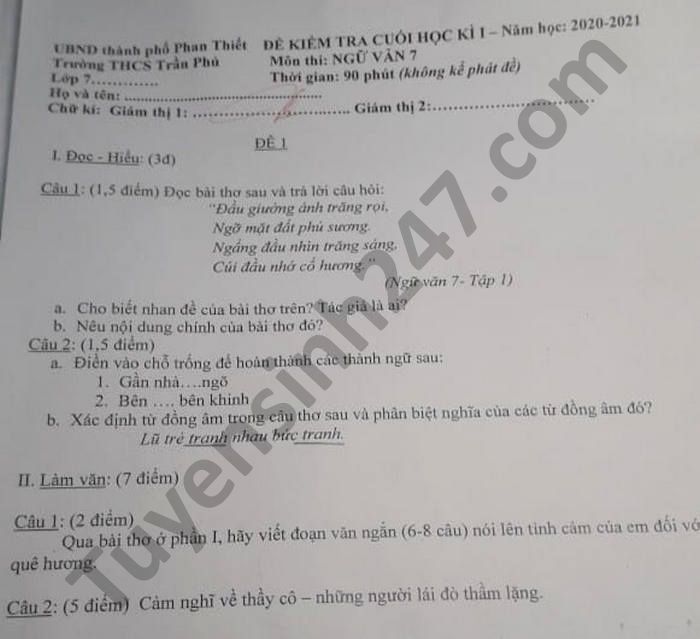 Đề thi học kì 1 năm 2020 môn Văn lớp 7 THCS Trần Phú 