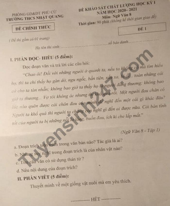 Đề thi học kì 1 THCS Nhật Quang năm 2020 môn Văn lớp 8