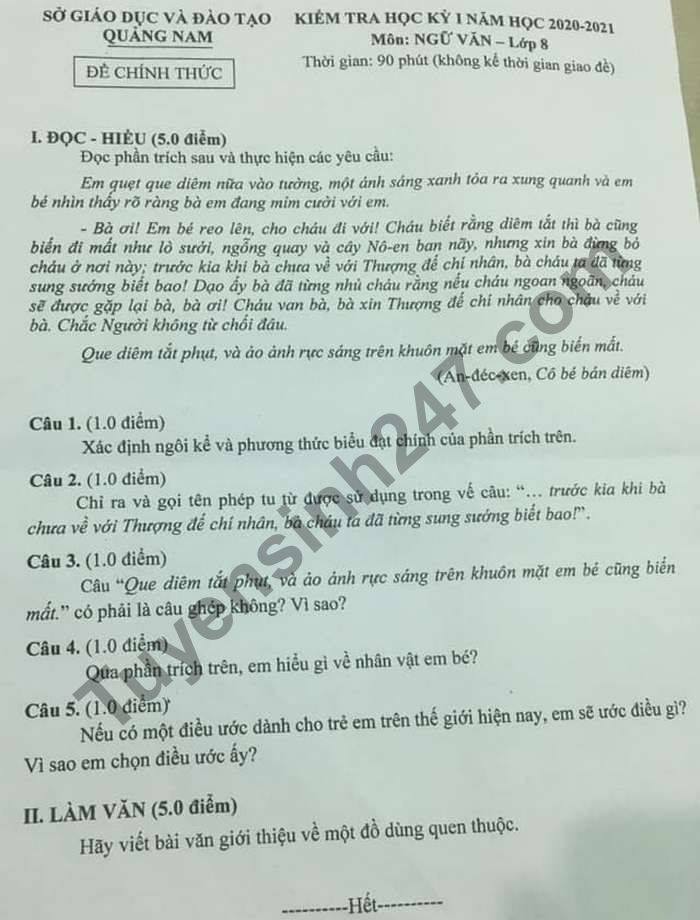 Đề thi học kì 1 môn Văn lớp 8 năm 2020 Sở GD Quảng Nam 