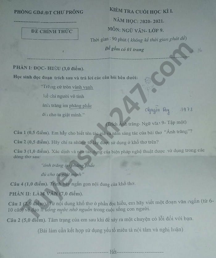 Đề thi học kì 1 năm 2020 môn Văn lớp 9 Phòng GD Chư Prông 