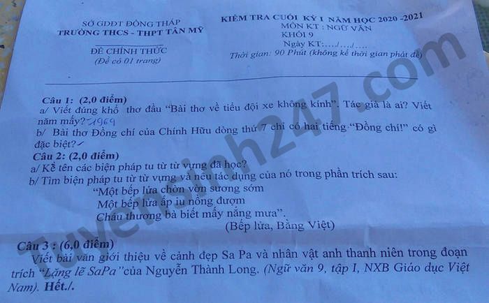 Đề thi học kì 1 năm 2020 môn Văn lớp 9 THCS-THPT Tân Mỹ 