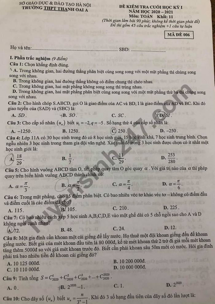 Đề thi học kì 1 môn Toán lớp 11 THPT Thanh Oai A năm 2020