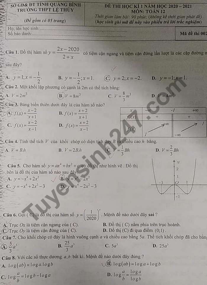 Đề thi học kì 1 THPT Lệ Thủy 2020 - 2021 môn Toán lớp 12